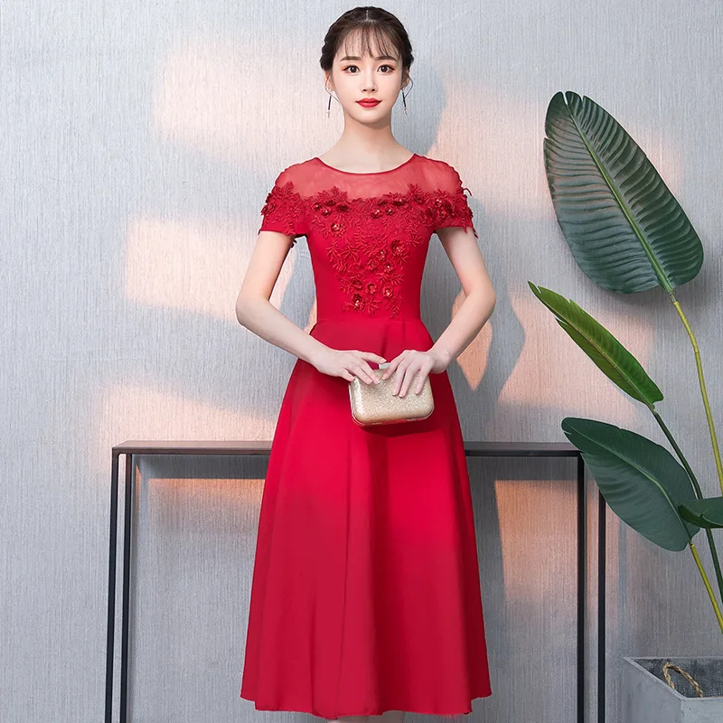 

Burgundy Floral Bride Wedding Dress Temperament Slim Evening Party Dress Elegant A-line Banquet Dress Noble Hostess Dress XS-3XL