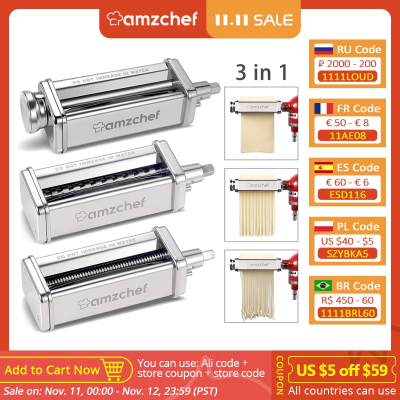 

Amzchef DT-A-3 Pasta Roller&Cutter 3-in-1 Set for Kitchenaid Stand Blender ​with Pasta Roller,Spaghetti Cutter,Fettuccine Cutter