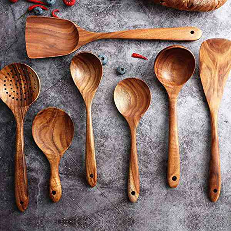 

8Pcs Teak Tableware Spoon Colander Long Handle Spoon Wooden Non-Stick Special Spatula Kitchen Tool Set New Gift