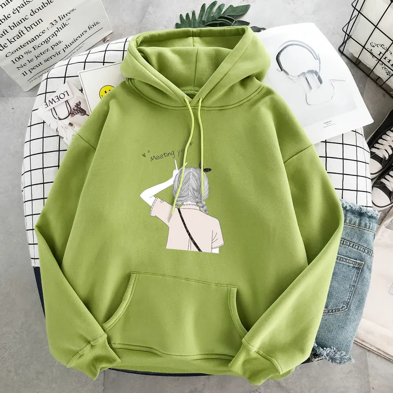 

Sweet Style Thick Fleece Hooded Sweatshirts Women Autumn Winter Harajuku Girl Print Loose Hoodies Student Warm Oversized Clothes