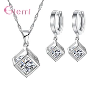 personality creative 925 sterling silver cube jewelry sets cubic zircon suqare pendant necklace dangle earrings for women
