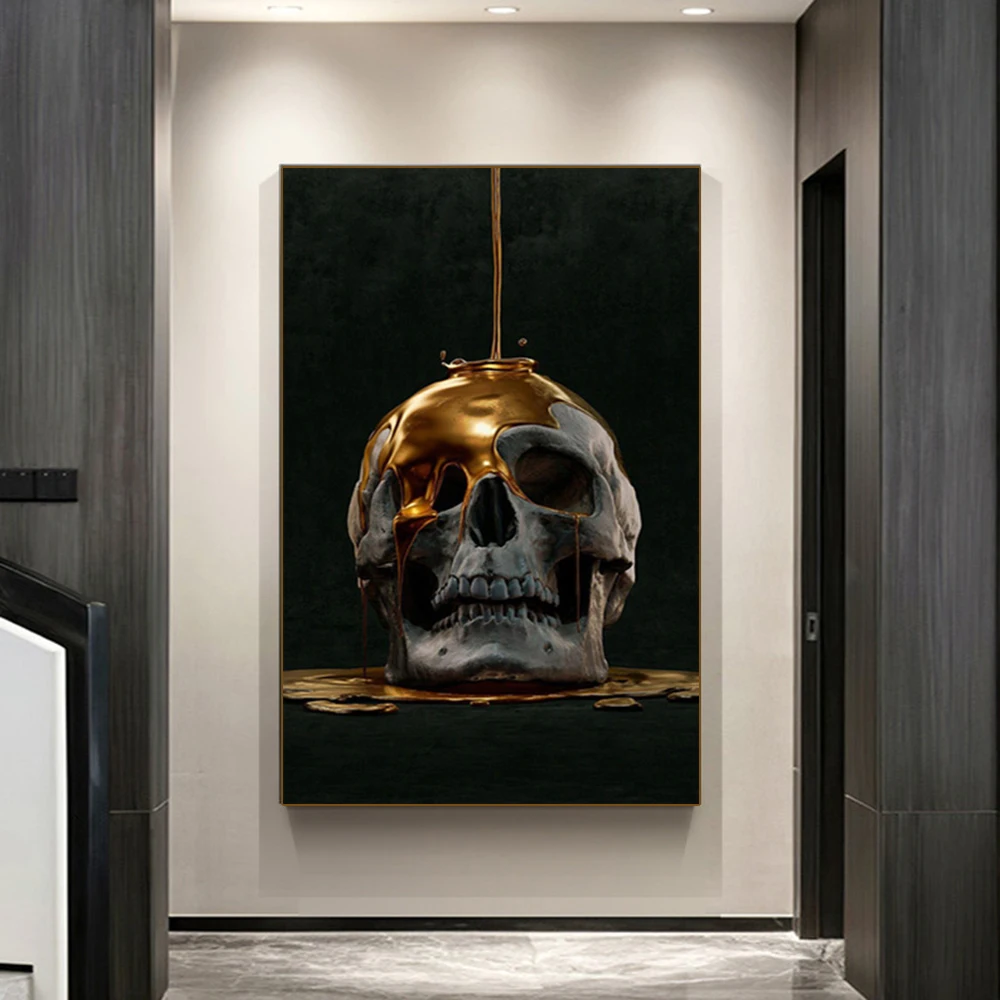 

Abstract Metal Skull Statue Canvas Painting Golden Posters Prints Wall Art Pictures for Living Room Home Decoration Cuadros