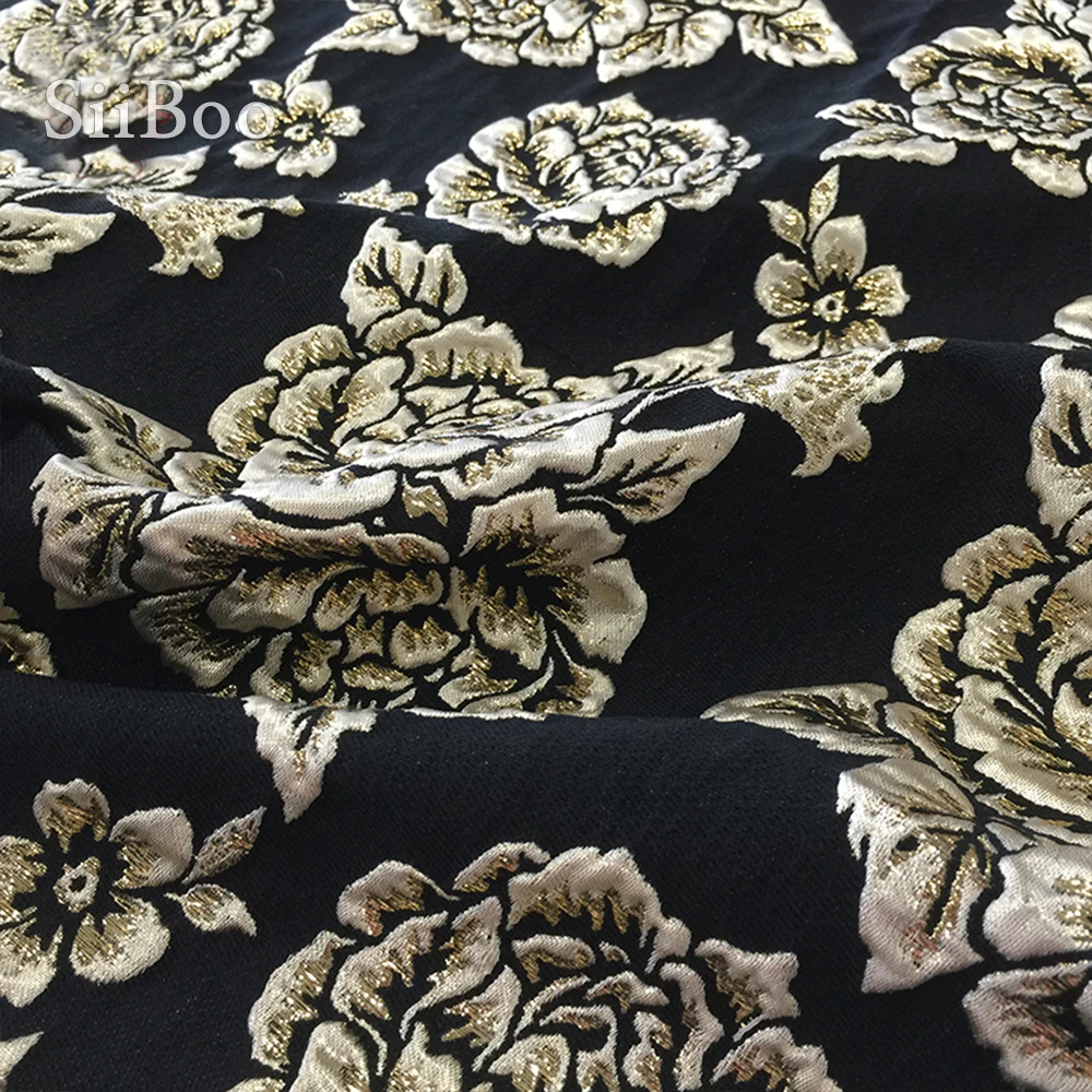 Европейский стиль плотная черная парча ткань с коричневой золотой нитью