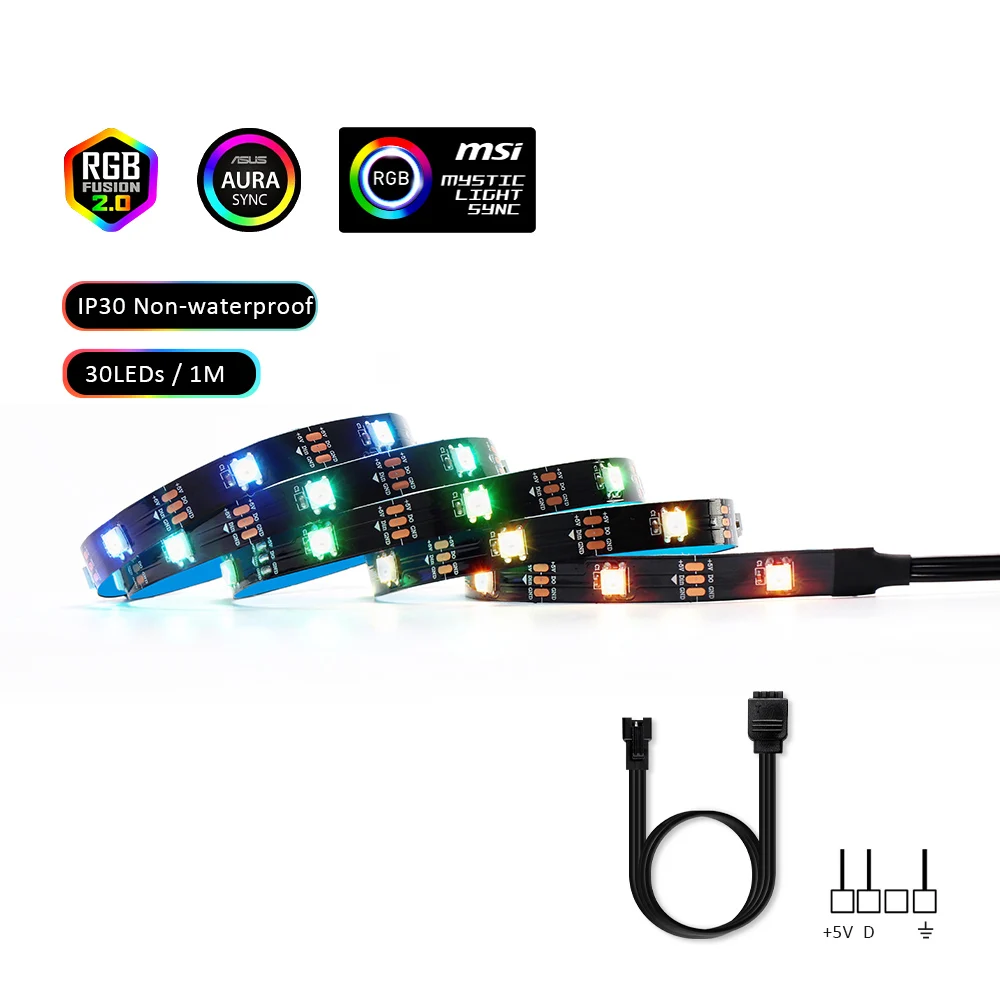 1x1M 30leds IP30 Светодиодные ленты светильник RGB 5V прибор приемно-ws2812b полосы для ПК чехол материнская плата 3 контактный разъем для ASUS Aura SYNC, MSI Mystic светильник синхронизации - Испускаемый цвет: 1x1M 30leds IP30