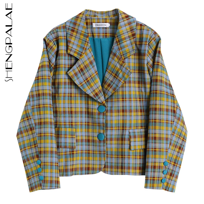 

SHENGPALAE Fashion Chic Plaid Blazer Women's Autumn 2021 New Notched Loose Single Breasted Long Sleeve Suit Jacket Female Tide