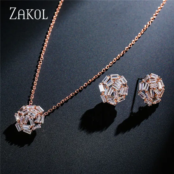 Rose Gold Color ZAKOL Свадебные ювелирные изделия цвета розового золота с AAA кубическим цирконием ожерелье/серьги Ювелирные наборы для женщин Aretes FSSP342 - Окраска металла: Rose Gold Color