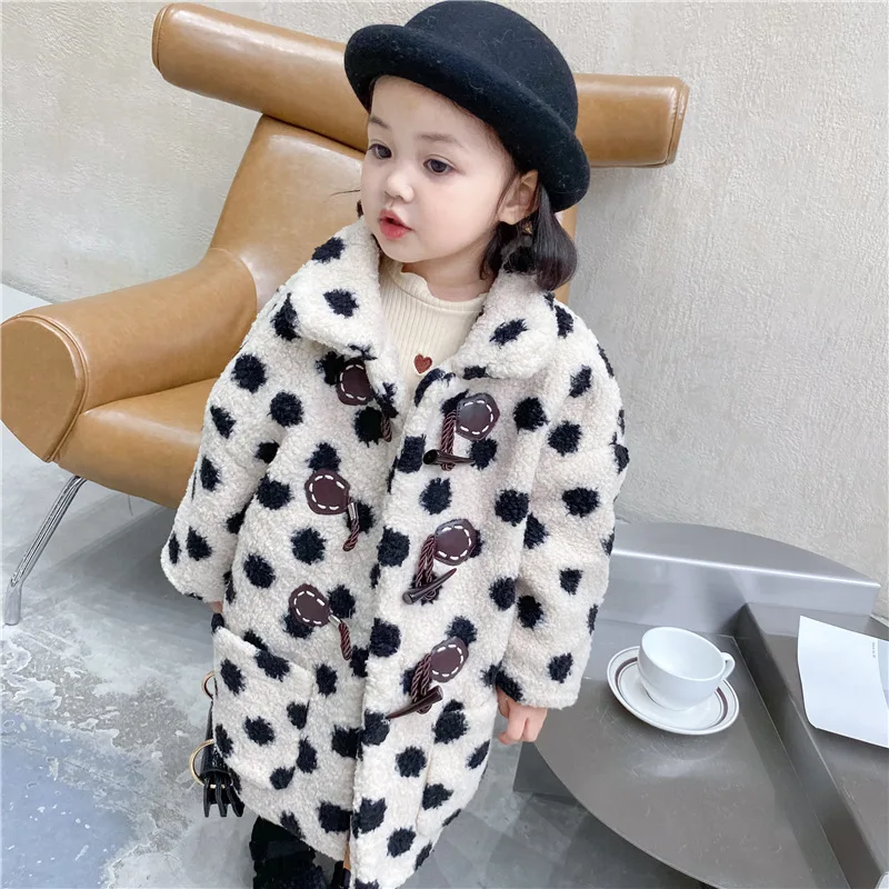 

Высококачественный зимний детский комбинезон DFXD, модная длинная куртка с пуговицами в горошек, толстая кашемировая куртка из ягненка, теплая одежда для детей 1-7 лет