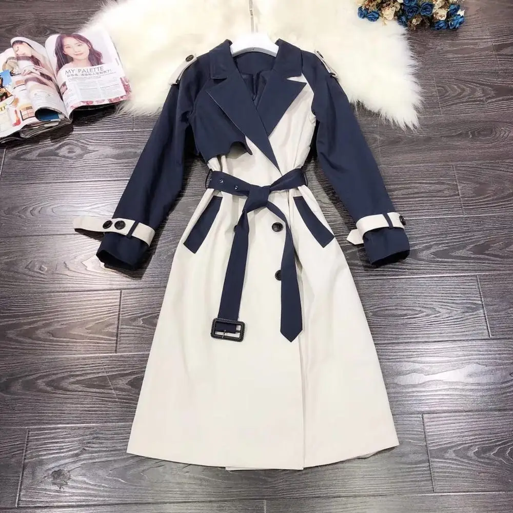 Европейская и американская женская одежда зима стиль длинный рукав цвет контрастный двубортный Пояс Тренч - Цвет: Синий