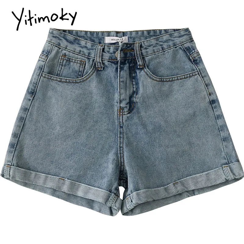 

Yitimoky Vintage Denim Shorts Women 2021 Summer Street Style Fashion Wide Leg Jeans High Waist Zipper Fly Casual Straight Short