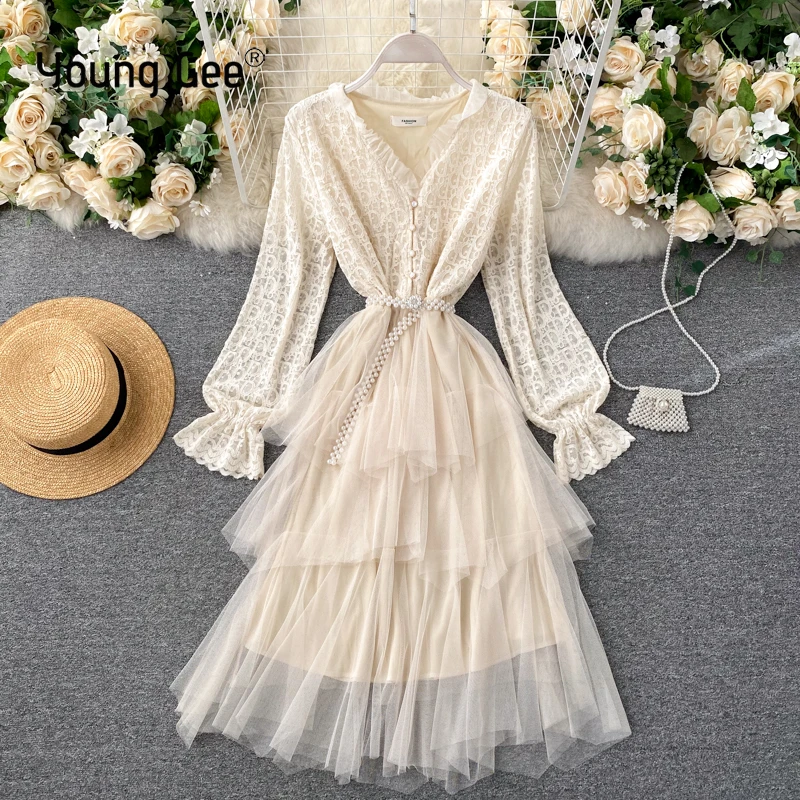 

Женское Сетчатое платье Young Gee, элегантное черное платье-трапеция из органзы с поясом и жемчужинами, с высокой талией, на весну и осень