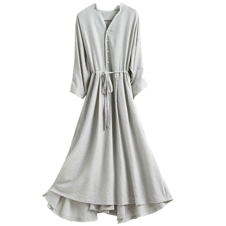 

New 2021 Women Spring Summer Dresses Lace Up Casual Buttons Fashionable V-neck Vintage Oversize Long Dress
