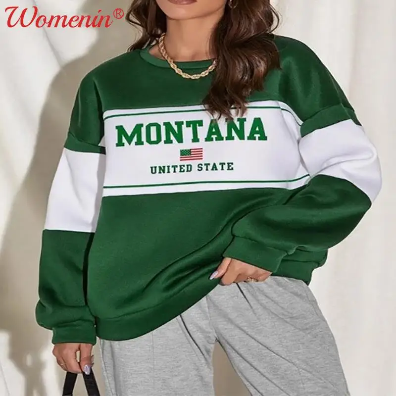 

Флисовый Женский свитшот с буквенным принтом и вставками, осень 2021, свитшот с длинным рукавом и круглым вырезом в стиле пэчворк, Женский Пов...