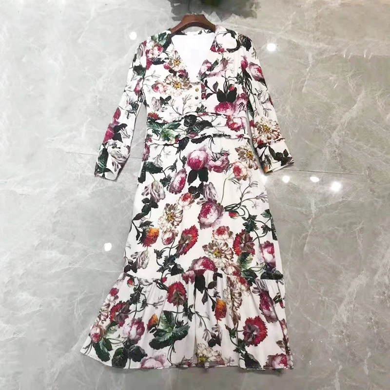 VERDEJULIAY European Vintage Trumpet Dresses Women Ruffles Edge 2020 Spring Runway Floral Print 100% Pure Silk Mid-Calf Dress | Женская