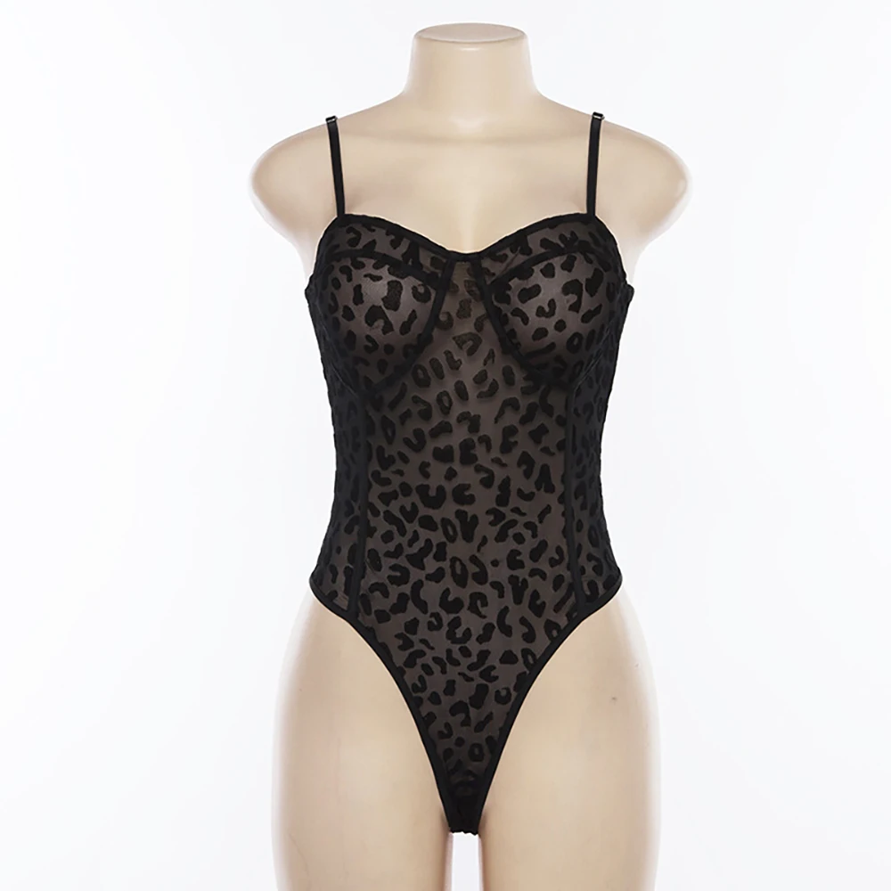 

Sexy Black Mesh Leopard Print Bodysuits Women Sheer 2020 Slim Soft Jumpsuit Spring Autumn Hot Sale Sleeveless Elegant Body Suit