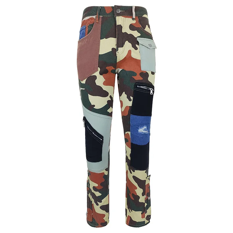 2022 new men's street personality stitching patch straight slim ripped jeans European and American fried street fashion men