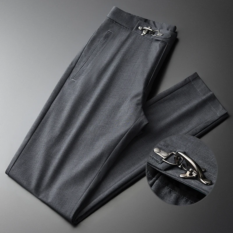 

Летние серые тонкие мужские брюки, роскошные деловые повседневные мужские костюмные брюки, модные облегающие вентилируемые мужские брюки