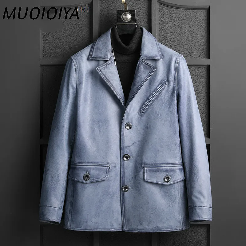 

MUOIOYIA Men Clothing Genuine Cowhide Leather Jacket Mens 2022 Men's Autumn Coat Blue Leather Jackets Chaquetas Hombre LXR1022