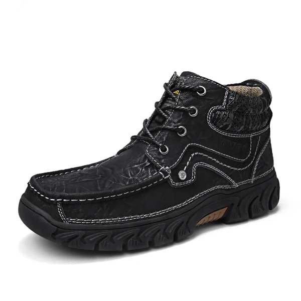 no fur Big size 48 Genuine Leather Men Warm Plush Boots Winter Waterproof Ankle Boots Riding Boots Outdoor Working Snow Oxfords Shoes - Color: no fur