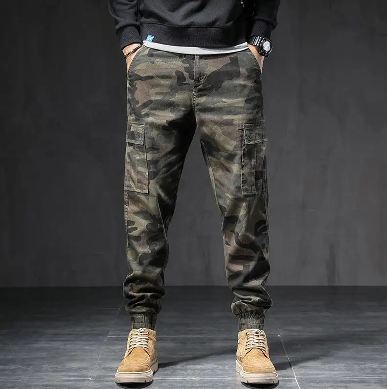 

Spring Autumn Winter Plush Camouflage Overalls Men's Loose Corset Fashion Brand Slim Little Foot Army Green Cotton Casual Pants