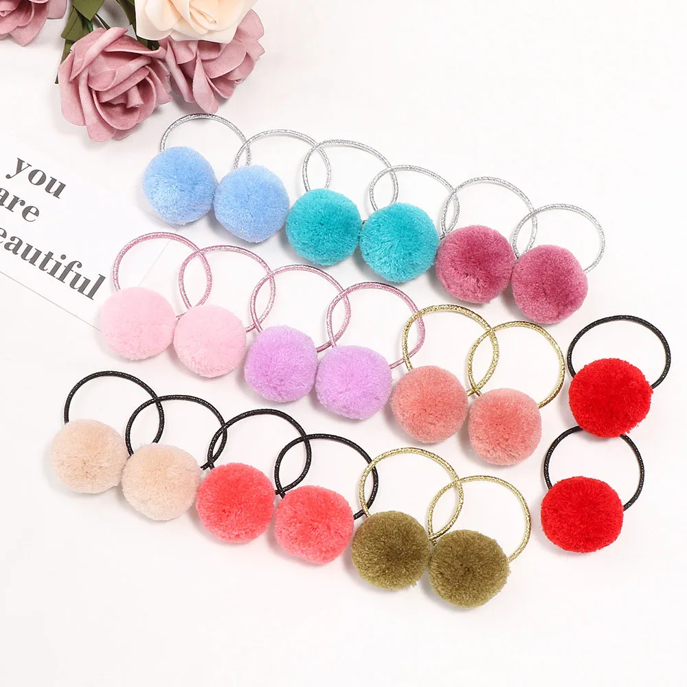 2022 New Hot Sale 1 Pair Cute Furry Pompom Girl Children Sweet Rubber Band Fur Ball Hair Ring Kids Hair Rope Accessories