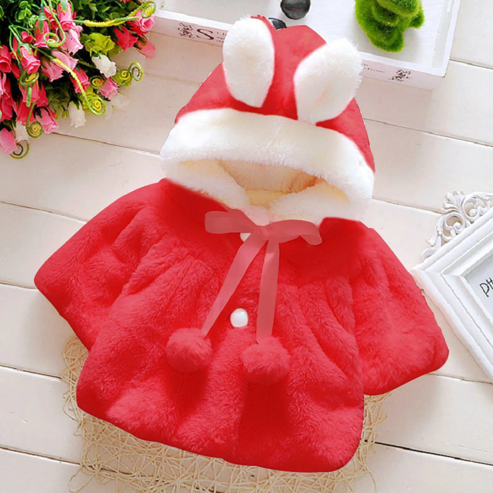 

Toddler Girls Solid Color Plush Cute Rabbit Ears Winter Hoodie Thick Coat Cloak Girl Baby Coat Manteau Enfant Детская Одежда