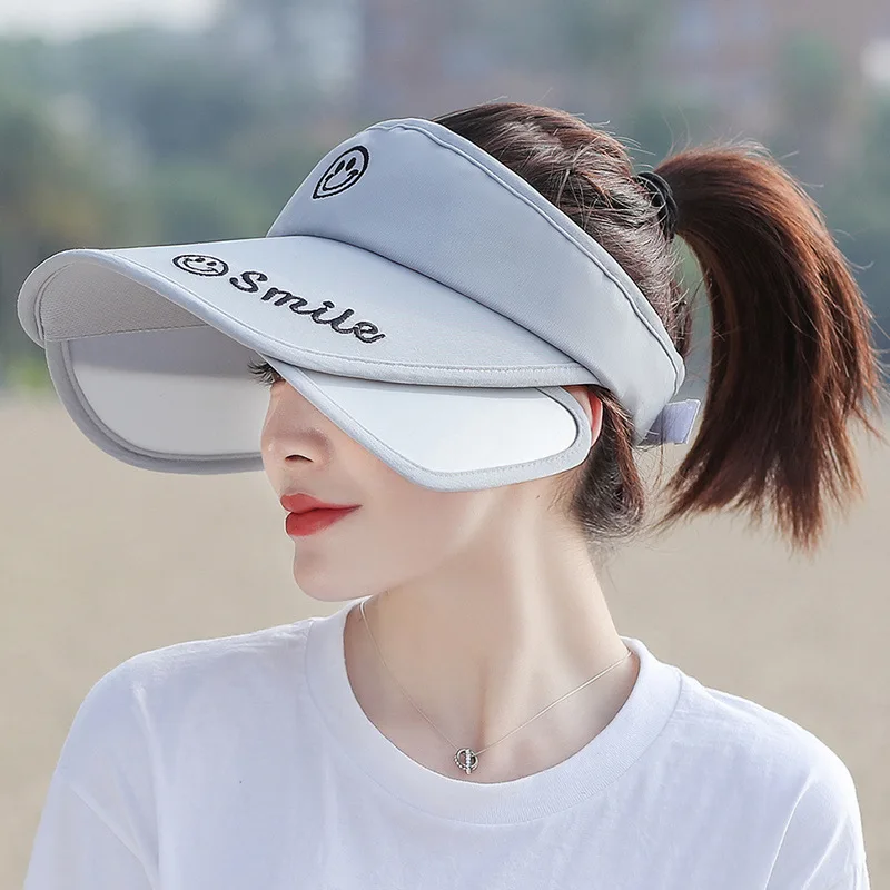 

Women Summer Retractable Brim Empty Top Hat Adjustable Smile Sun Visor Cap Outdoor Casual Anti-UV Beach Sports Baseball Cap 2020
