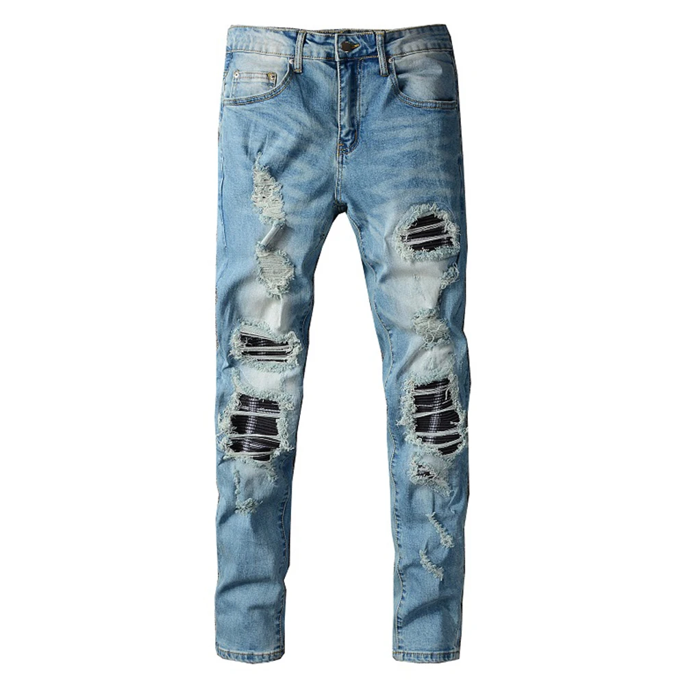 

Men's Pleated Patchwork Ripped Slim Skinny Jeans Streetwear Holes Stretch Denim Pants Light Blue Trousers