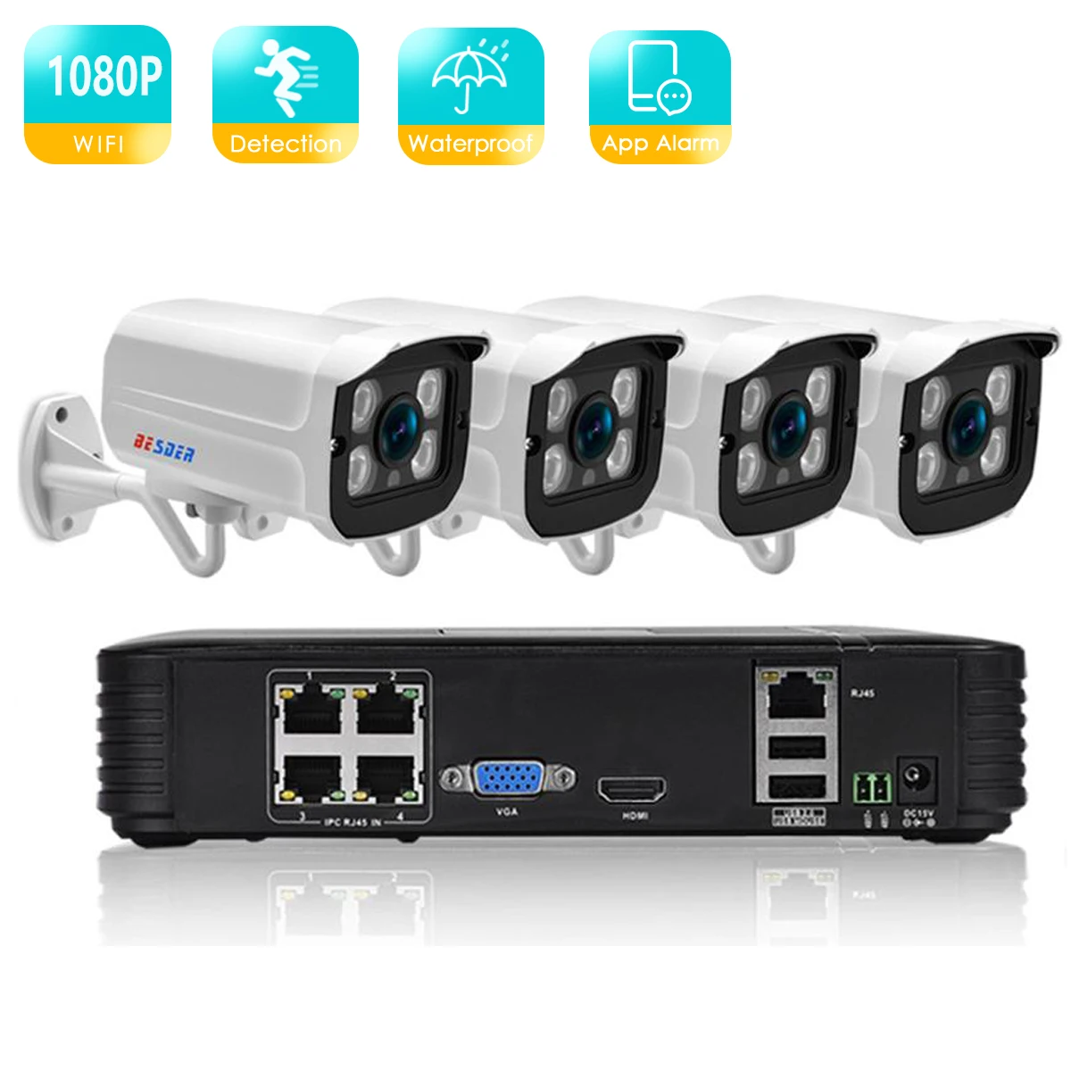 

BESDER Full HD 1080P 4 Channel CCTV System 4 pcs Metal Outdoor IP Camera 4 CH POE 15V NVR CCTV Security Kit HDMI Email Alarm P2P