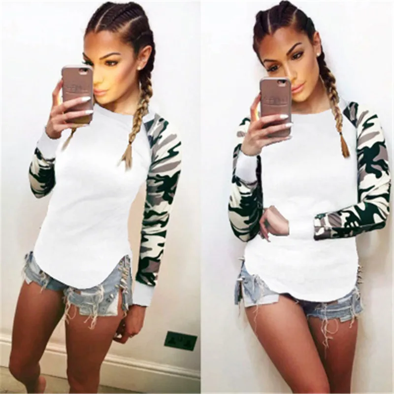 T-shirts For Women Autumn Long-sleeved Camouflage Print Patchwork Top T-shirt Female Casual Streetwear Black Cotton Shirt Slim | Женская