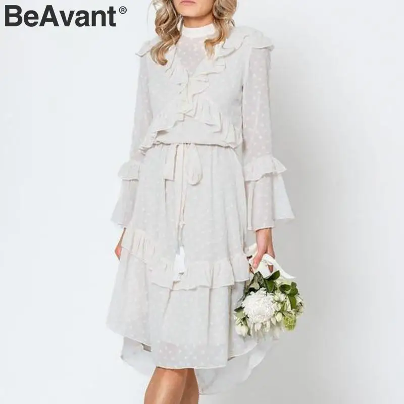 Женское богемное шифоновое платье BeAvant элегантное белое ажурное в горошек мягкое