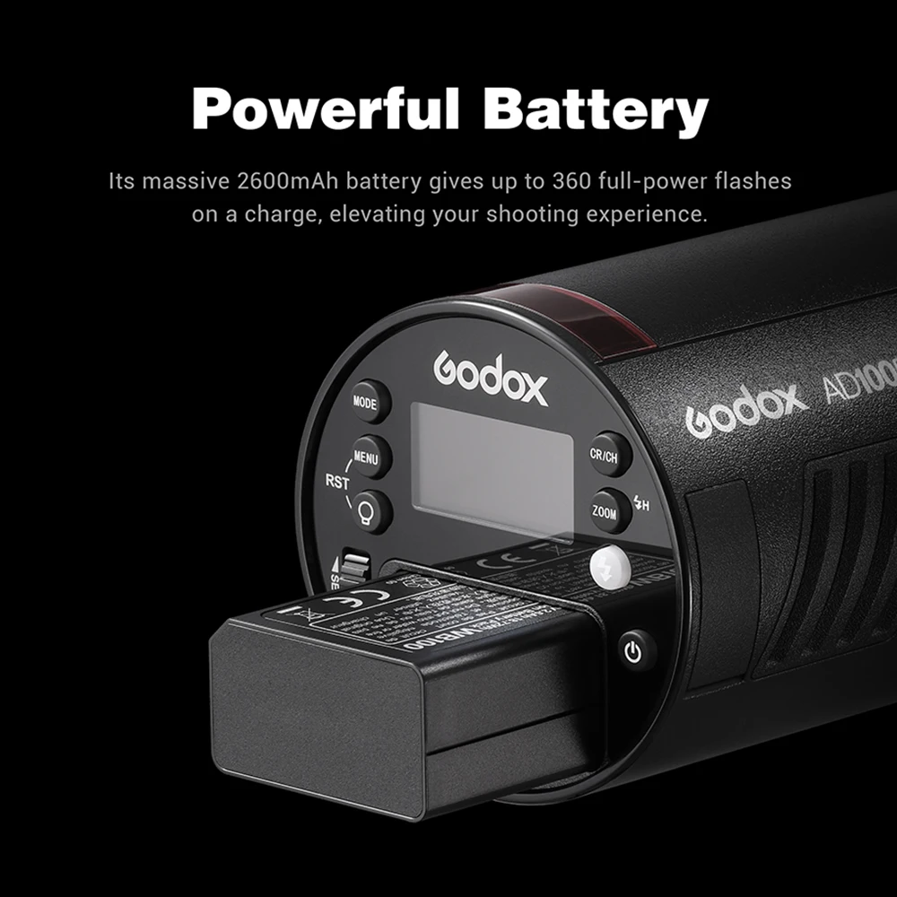 

Godox AD100Pro 100Ws TTL 2.4G HSS 1/8000s Pocket Flash Light with 7.2V/2600mAh Lithium Battery 360 Full Power Flashes 0.01-1.5s