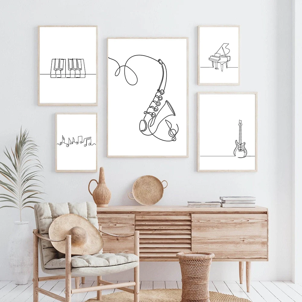 

Минималистичный музыкальный художественный пианино, гитара, саксофон, рисование линий, настенное искусство, Картина на холсте, скандинавск...