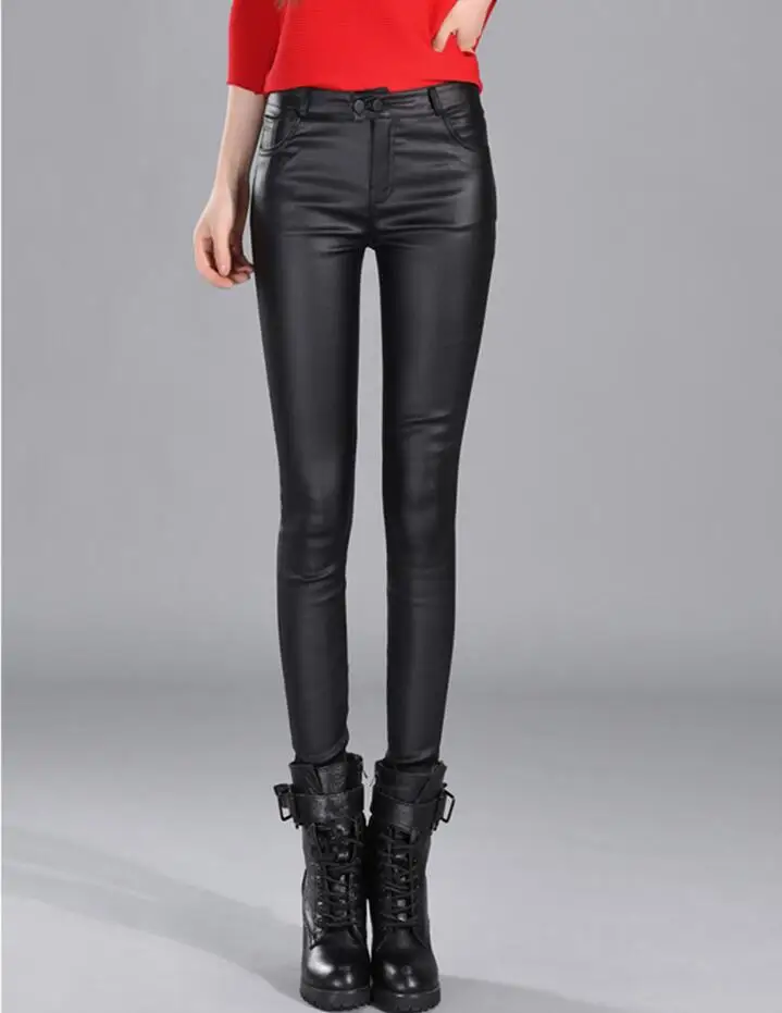 Autumn Winter women leather pants High Waisted elastic shiny trousers slim female pencil pantalon femme | Женская одежда