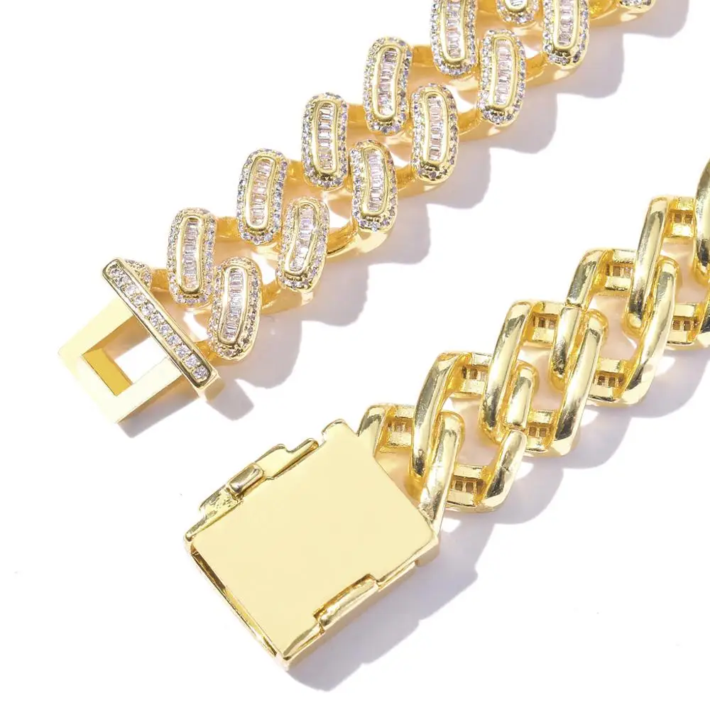 Цепочка мужская с кубинским цирконием 15 мм золотистого цвета | Украшения и