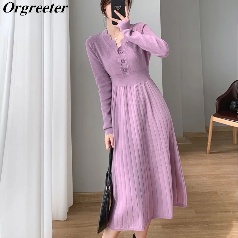 

Purple Knitted Dress Women Autumn&Winter V-neck Single-breasted Solid Vestidos De Mujer Long-sleeved Bottoming Sweater Dress