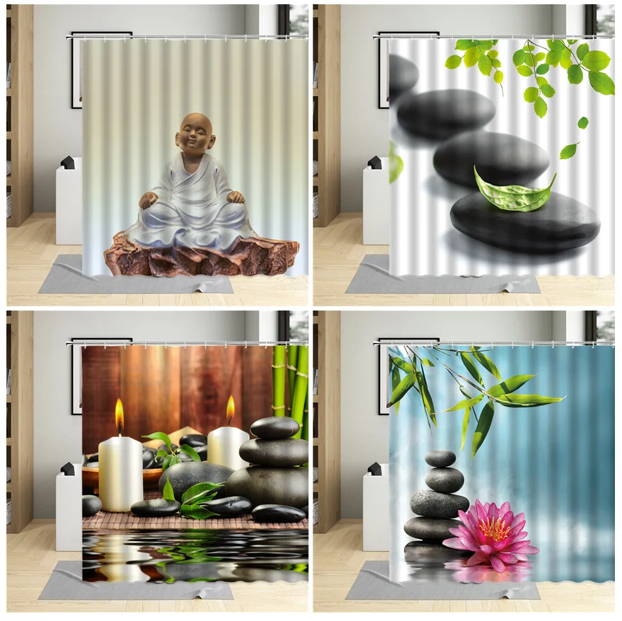 

Zen занавеска для душа, зеленые растения, бамбуковые листья, галька, Будда, цветочный узор, декор для ванной комнаты, Полиэстеровая ткань, подв...