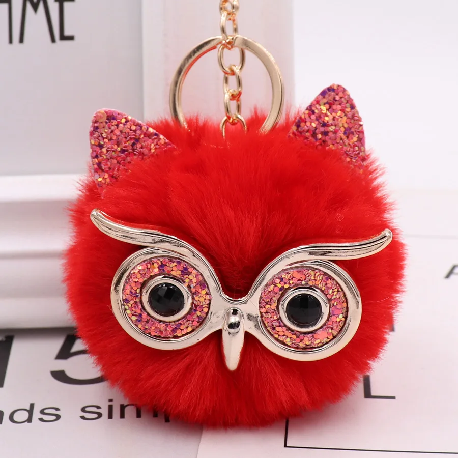 1PCS Cute Fashion Women Handicraft Gold Dust Owl Fur Cony Hair Ball Pom Pom Charm Car Keychain Handbag Key Ring Pendant images - 6