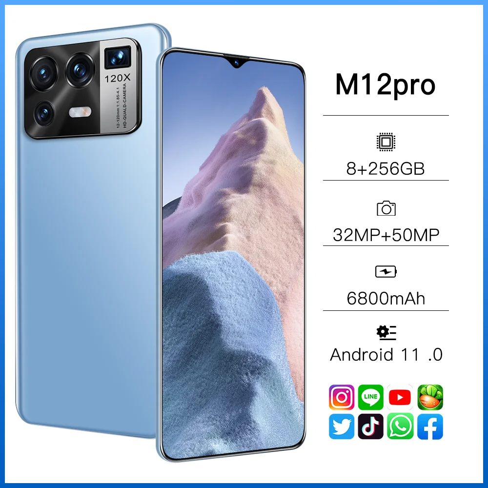 

2021 M12 Pro 8+256GB 6.7 Inch 32+50MP Dual SIM+Micro SD 5G Smartphones Fingerprint Unlock Andriod 11 Mobile Cell Phone MTK6889