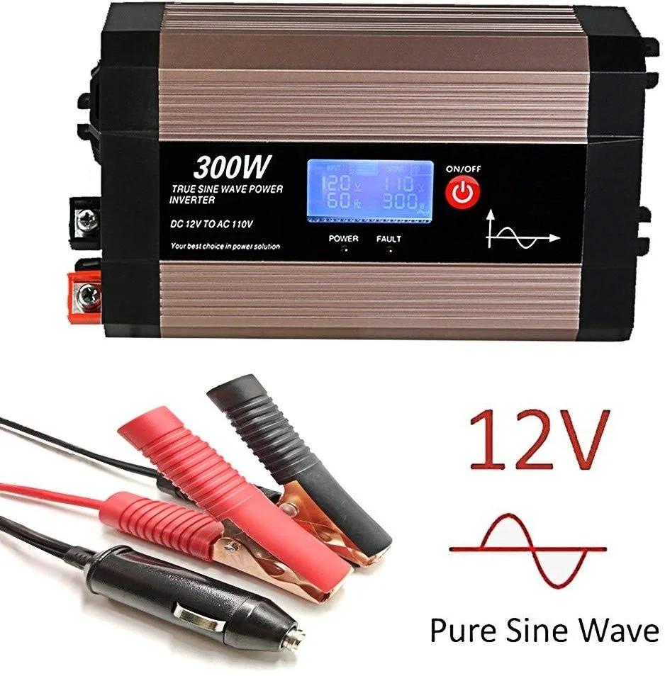 300W Pure Sine Wave Power Inverter with LCD Screen, 12V DC to 110V/230V AC Car Inverter with Dual USB Ports Car Charging Adapt 300W Pure Sine Wave Power Inverter with LCD Screen, 12V DC to 110V/230V AC Car Inverter with Dual USB Ports Car Charging Adapt