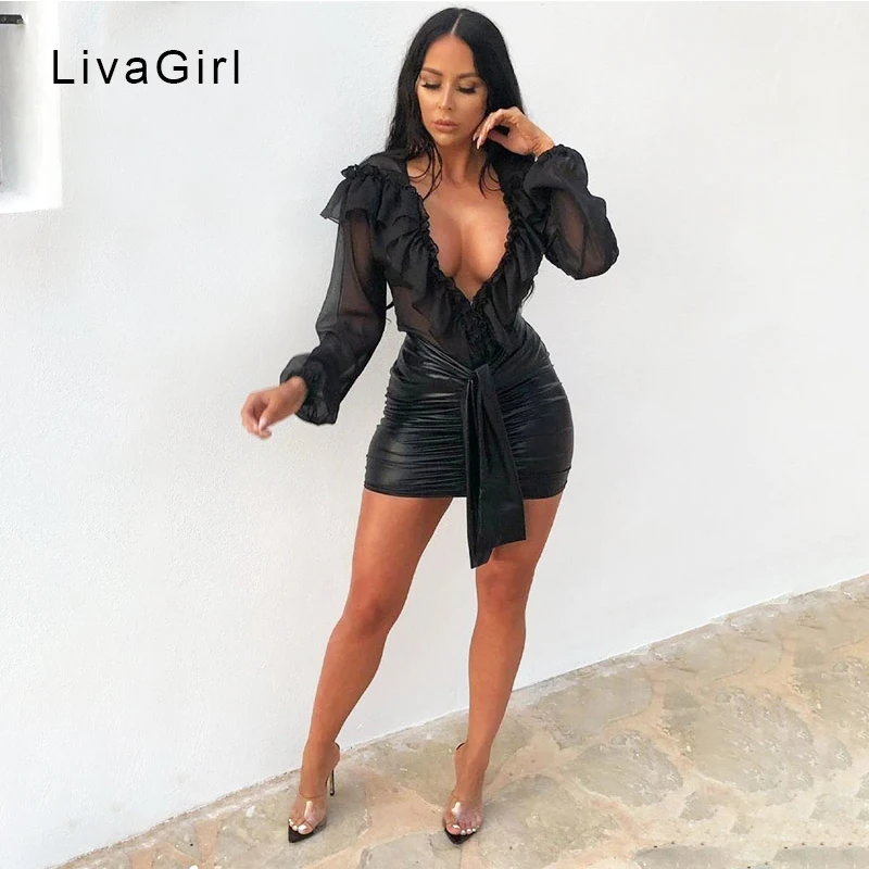 Осень/зима длинный рукав джемпер гофрированный v-образным вырезом шифон