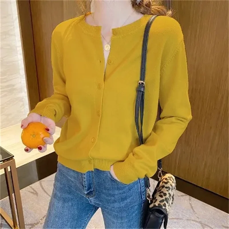 

2021 New Button Knit Cardigan Women Spring Autumn O-Neck Shawl Coat Long Sleeve Solid Color Knitted Air-Conditioned Shirt