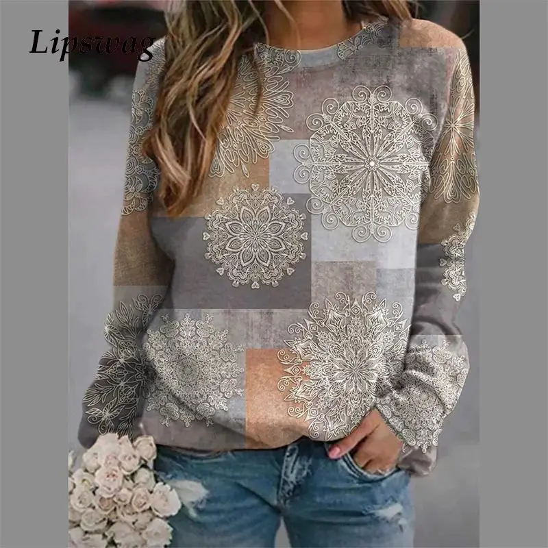 

Womencasual Long Sleeve Top Round Neck Print Patchwork Loose T-Shirt Pullover 2021 New Autumn Winter Fashion Vintage Sweatshirt