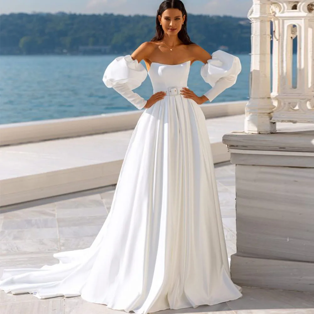 

Elegant A-Line Wedding Gown 2021 Sashes Long Puff Sleeve with Button Pleat Lace Up Boat Neck Jersey Court Train Свадебное Платья