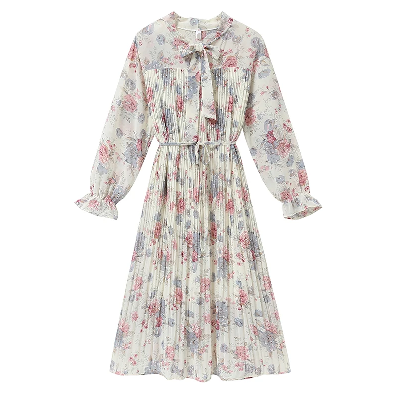 Шифоновые Весенние Новые Платья с цветочным принтом и поясом женское облегающее