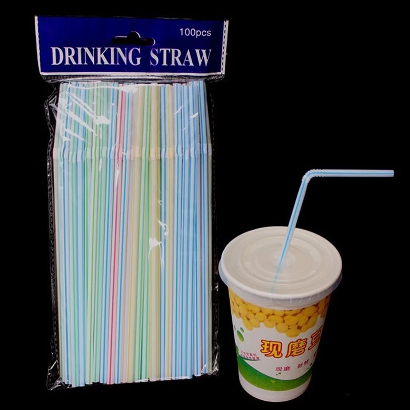 

100pcs Disposable Straws Flexible Plastic Bendable Rainbow Striped Printed
