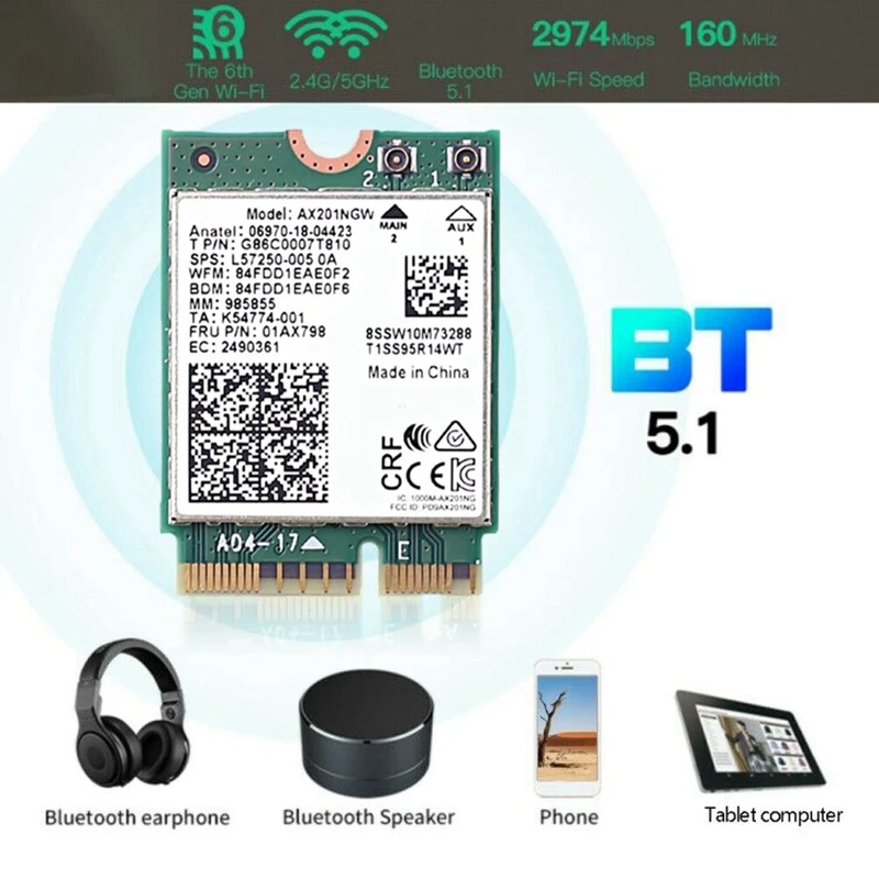 

Wi-Fi-карта Ax201 Ngw с антенной Wi-Fi 6 3000 Мбит/с M.2 Cnvio2 Bluetooth 5,1 Wi-Fi-адаптер для Windows 10