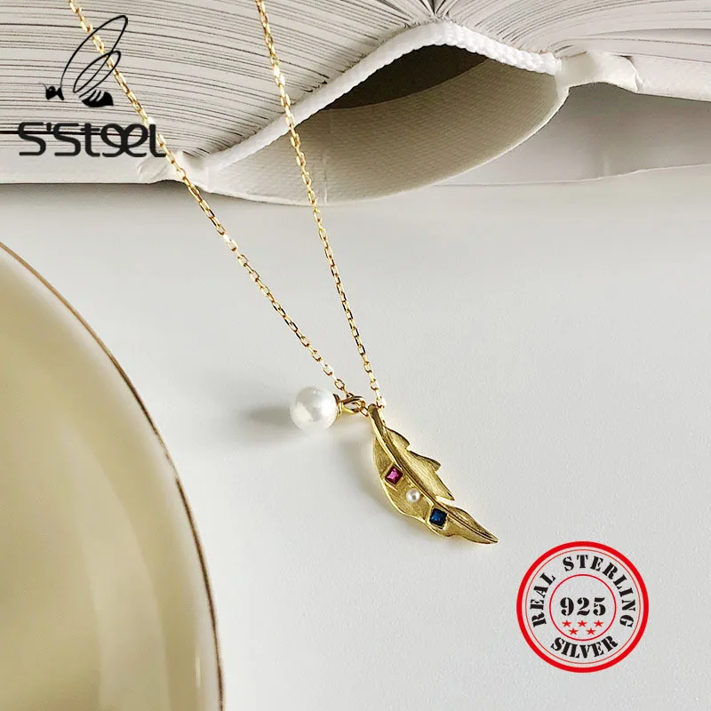 

S'STEEL Zircon Pendant Feather Pearl Necklace 925 Sterling Silver Necklace Luxury Designer Jewelry For Women Collar Plata Bijoux