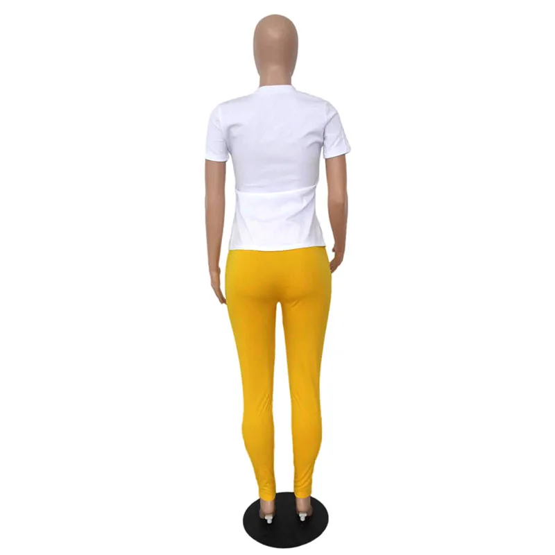 

White Printed Pattern T-shirt Solid Color Tight Pants 2-Piece Suit Short-Sleeve Round Collar T-shirt Pencil Pants Set for Women