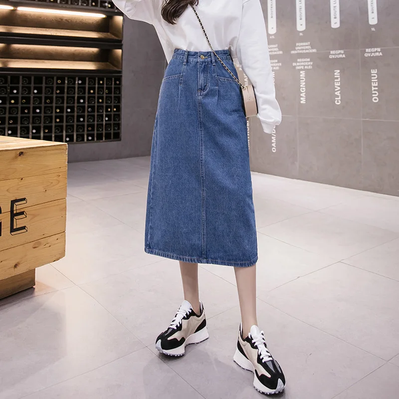 

Джинсовые юбки с высокой талией, большие размеры, Офисная длинная прямая женская винтажная Повседневная джинсовая юбка до середины икры, 5XL,...