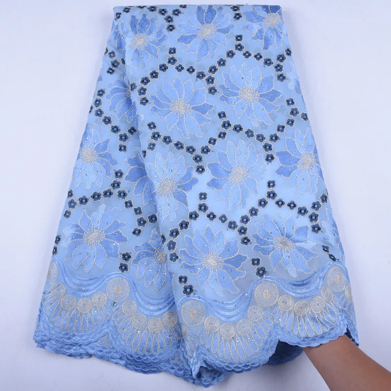 

African Dry Cotton Lace Fabrics 2019 High Quality Embroidery Lace Swiss Voile Lace Stone Swiss Voile Lace In Switzerland blue